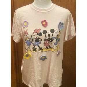 Disney Mickey & Friend Characters Women Medium T-Shirt Pink Crochet Flowers 3D